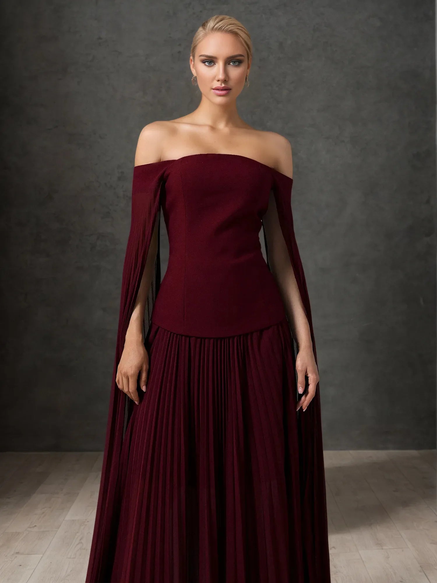 Off-Shoulder Cape Sleeve Pleated Maxi Gown Formal Evening Dress