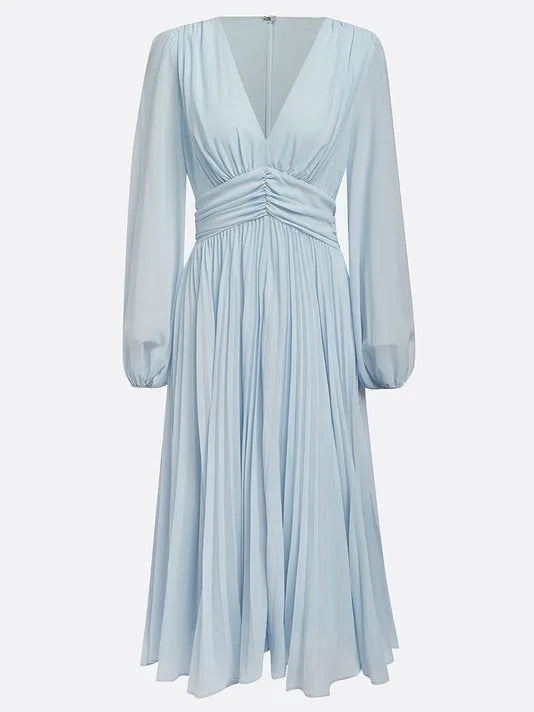 Hellblaues plissiertes gerafftes Ballonärmel A-Linien Midi Chiffonkleid