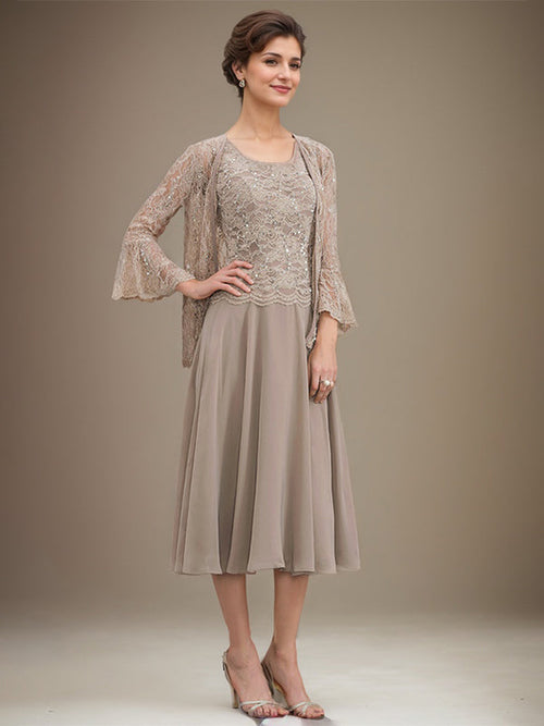 Robe mère de la mariée longueur thé ligne A col rond en dentelle et mousseline avec sequins