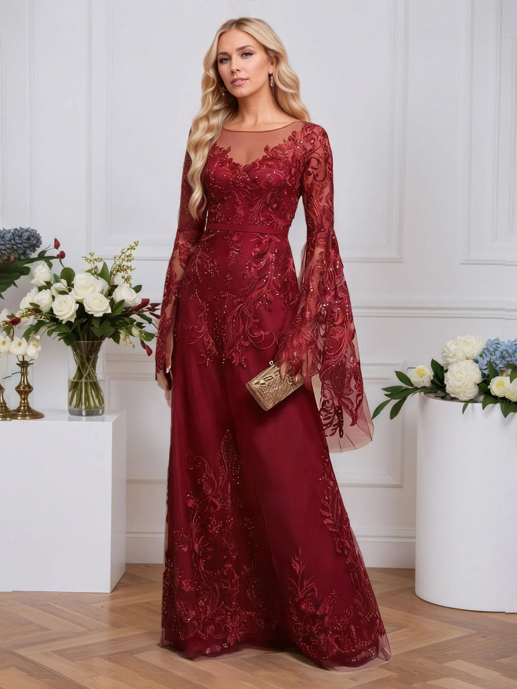 A-line Scoop Illusion Floor-Length Tulle Lace Evening Dress With Sequins