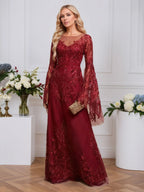 A-line Scoop Illusion Floor-Length Tulle Lace Evening Dress With Sequins