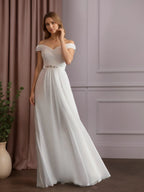Robe de mariée blanche en mousseline ligne A à épaules dénudées avec paillettes
