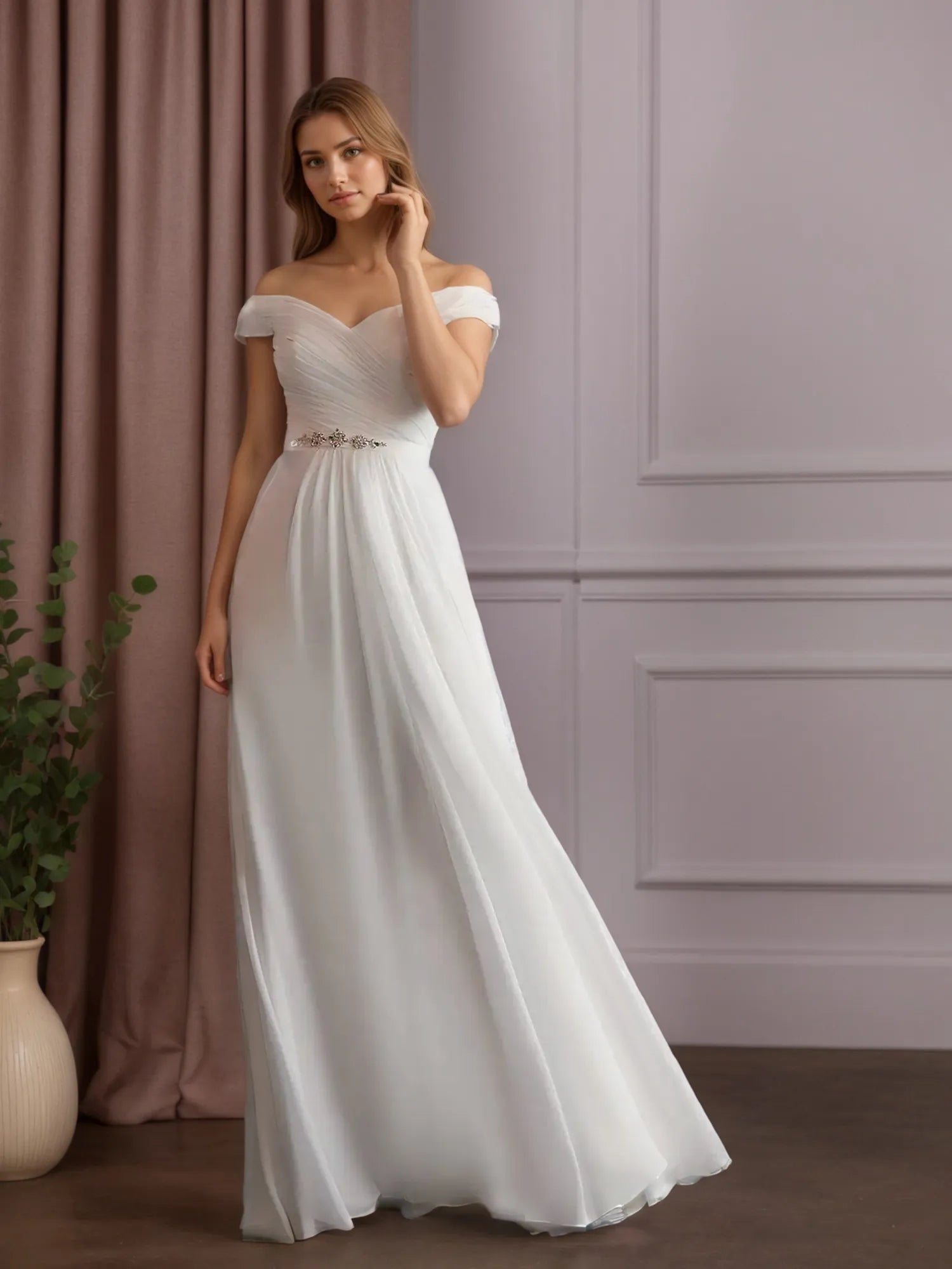 Robe de mariée blanche en mousseline ligne A à épaules dénudées avec paillettes