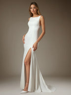 White Champagne Mermaid Side Slit Tulle Wedding Dress