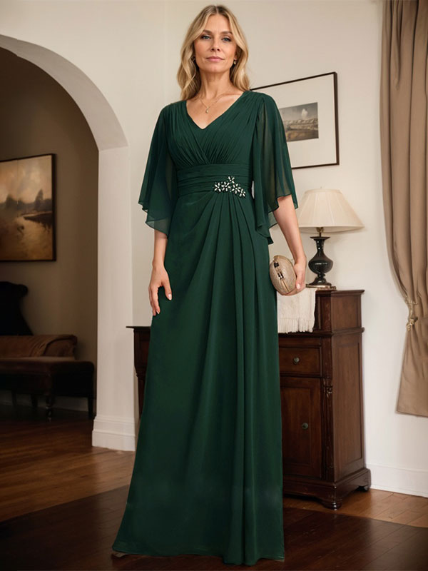 Etuikleid/Säule V-Ausschnitt bodenlanges Chiffon Mutter-der-Braut-Kleid mit plissierten Pailletten und Perlen