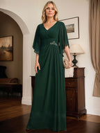 Etuikleid/Säule V-Ausschnitt bodenlanges Chiffon Mutter-der-Braut-Kleid mit plissierten Pailletten und Perlen