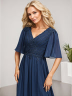 A-Linien V-Ausschnitt Bodenlanges Spitzen-Chiffon Kleid für die Brautmutter mit Pailletten