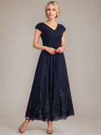 A-Linien V-Ausschnitt Knöchellanges Chiffon Kleid der Brautmutter mit Applikationen und Pailletten