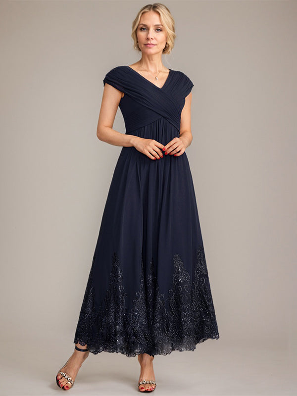 A-Linien V-Ausschnitt Knöchellanges Chiffon Kleid der Brautmutter mit Applikationen und Pailletten