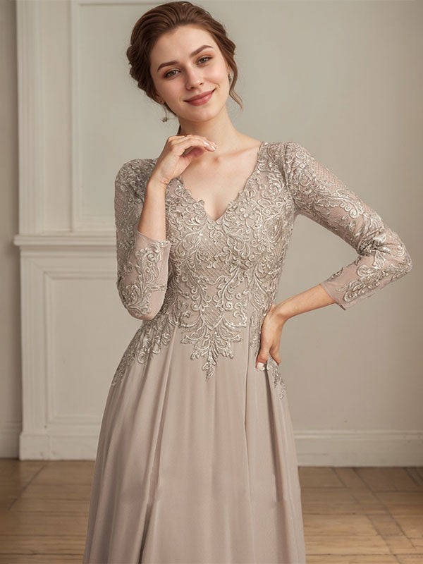 Vestido para madre de la novia línea A con escote en V, largo hasta el suelo, de encaje y gasa con lentejuelas