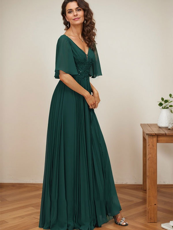 A-Linien V-Ausschnitt bodenlanges Chiffon Mutterkleid der Braut mit Pailletten-Applikationen, Spitze und Falten