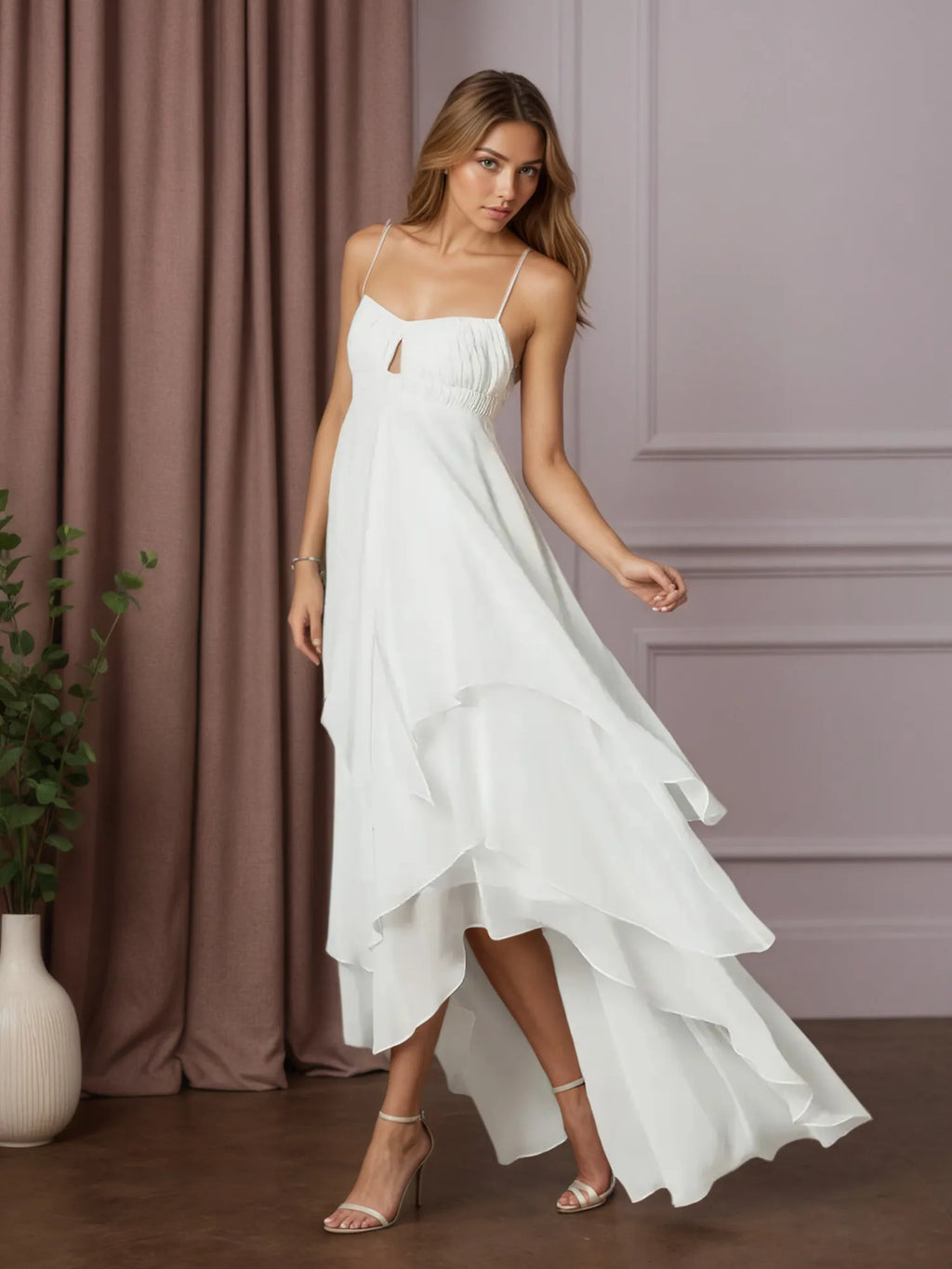 Vestido de novia blanco línea A con escote corazón y gasa