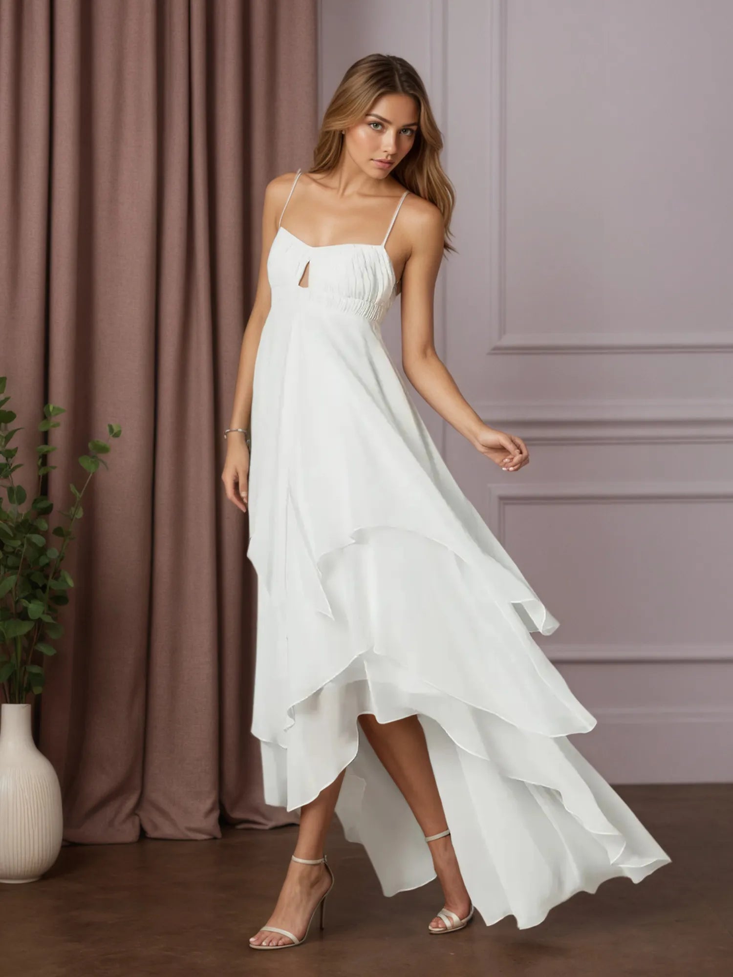 Vestido de novia blanco línea A con escote corazón y gasa