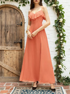 Orangerot gerafftes Chiffon Spaghettiträger ärmelloses A-Linien Maxikleid Brautjungfernkleid