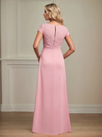 A-Linien Chiffon Kleid mit U-Boot-Ausschnitt und Raffung, Mutter der Braut, mit Applikationen