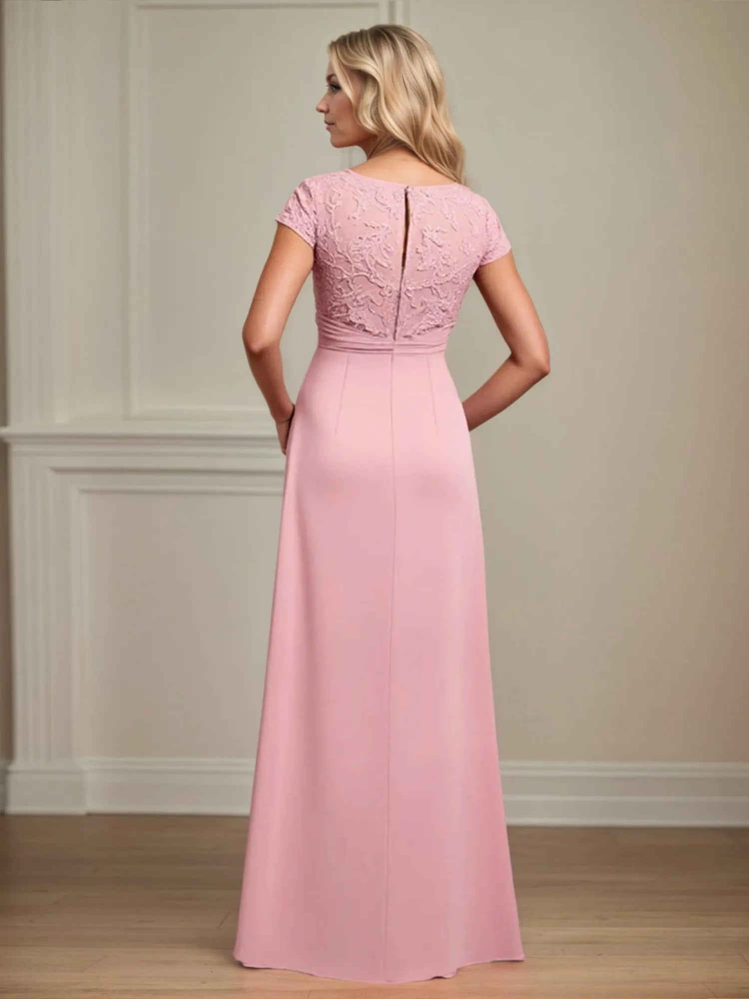 A Line Chiffon Scoop Ruched Mother of the Bride dress with Appliques
