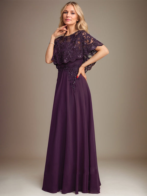 A-Linien Spitzen-Chiffon-Mutter-der-Braut-Kleid mit Bootsausschnitt, bodenlang und Applikations-Pailletten