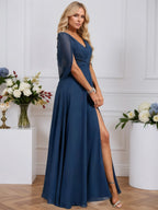 A-line V-Neck Floor-Length Chiffon Evening Dress With Cape Pleated