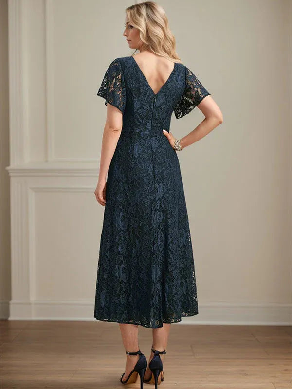 A-Linien V-Ausschnitt tea-langes Spitzen-Chiffon-Mutter-der-Braut-Kleid