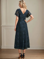 A-Linien V-Ausschnitt tea-langes Spitzen-Chiffon-Mutter-der-Braut-Kleid
