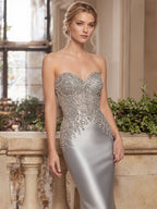 Silbernes Meerjungfrauen-Satin-Pailletten-Abendkleid mit Herzausschnitt, lang