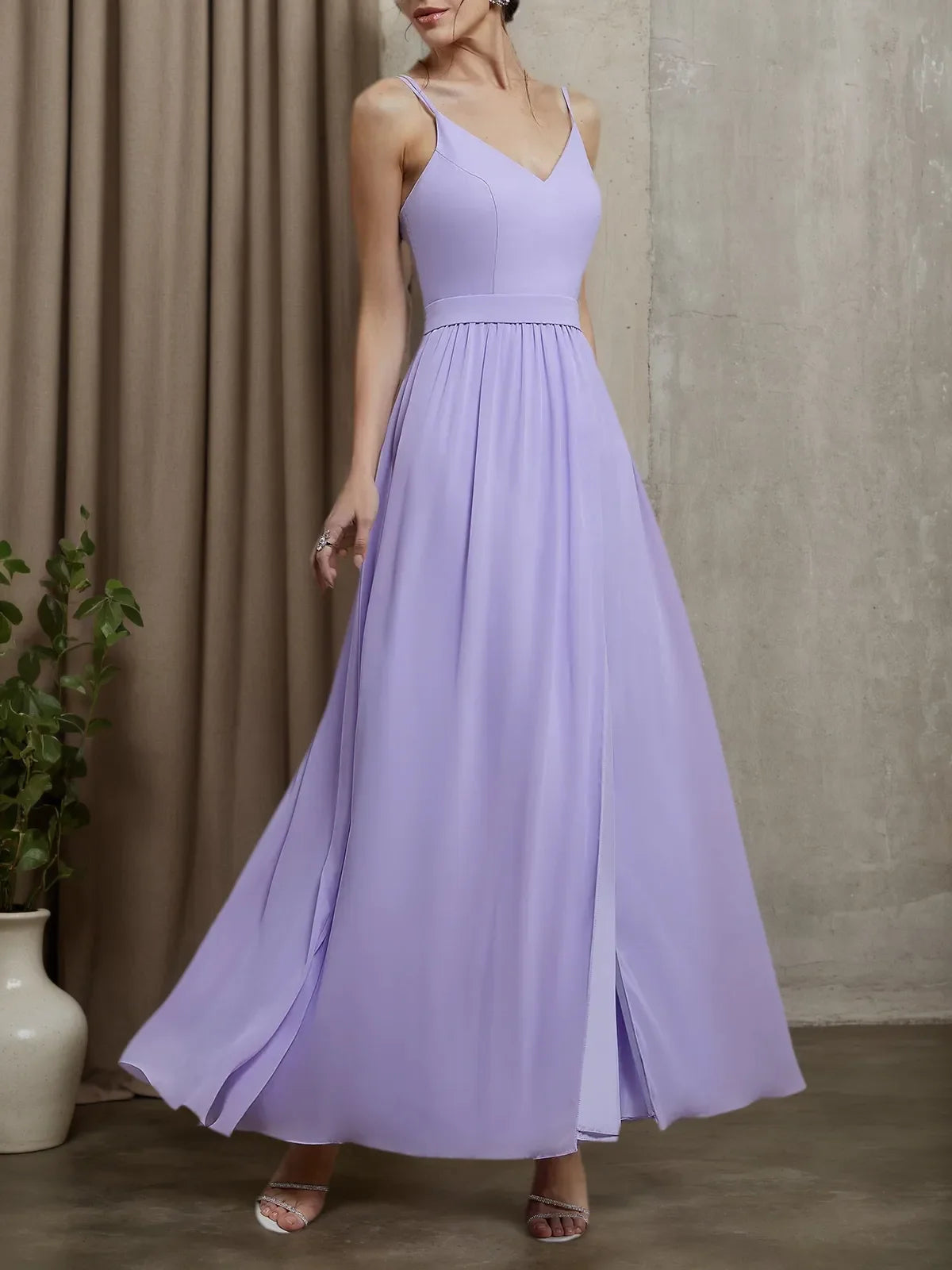 Lavendel Lila Chiffon Spaghettiträger A-Linien Kleid Brautjungfernkleid