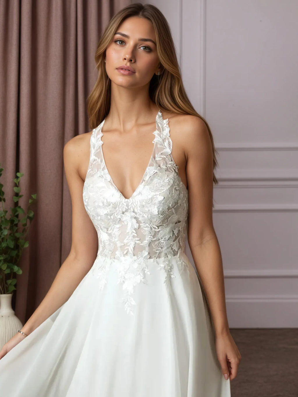 Vestido de novia blanco en línea A con encaje