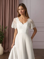 Weißes A-Linien V-Ausschnitt Spitzen Chiffon Hochzeitskleid