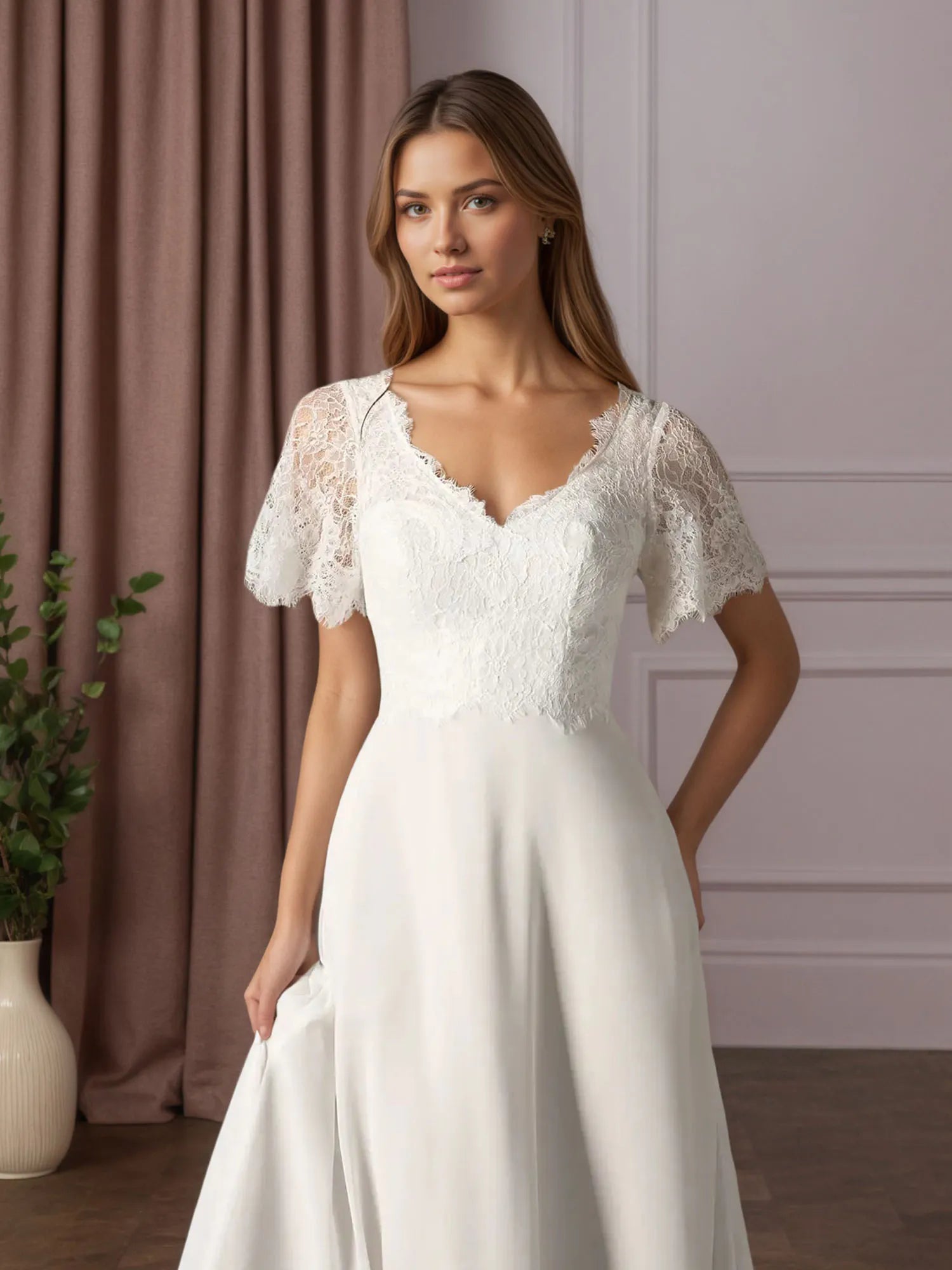 Weißes A-Linien V-Ausschnitt Spitzen Chiffon Hochzeitskleid