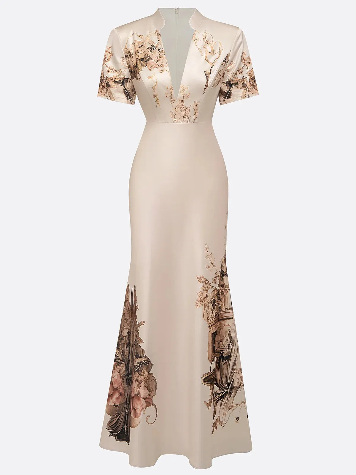 Abito sirena beige in raso floreale con scollo profondo a V e maniche corte