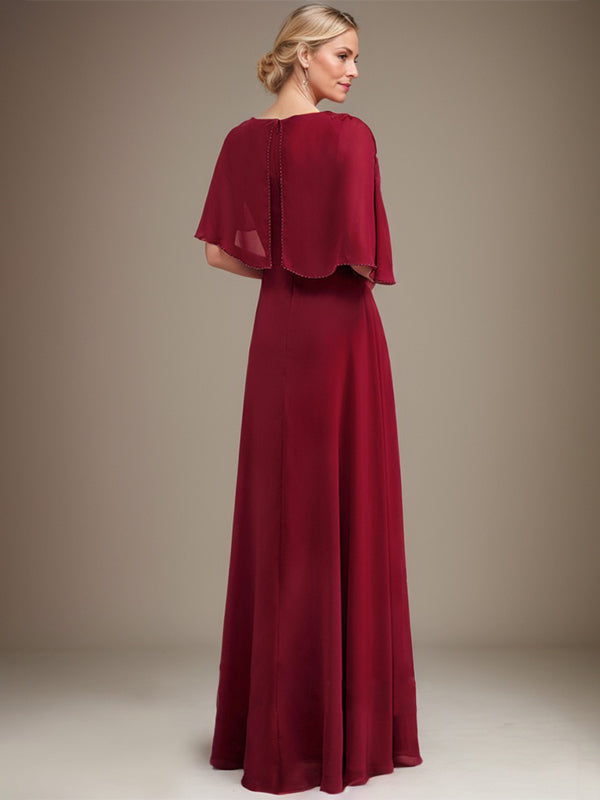 A-Linie Rundhals Bodenlanges Chiffon-Spitzenkleid für die Brautmutter mit Pailletten und Perlen