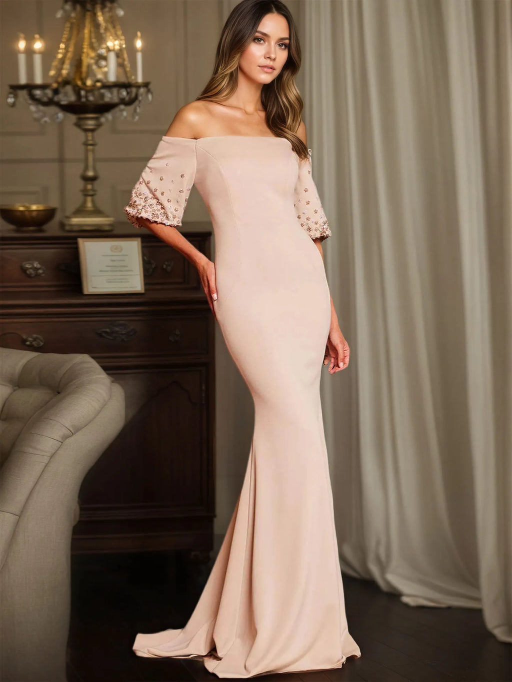 Off-Shoulder Half-Sleeve Beaded Mermaid Maxi Gown Formal Evening Dress