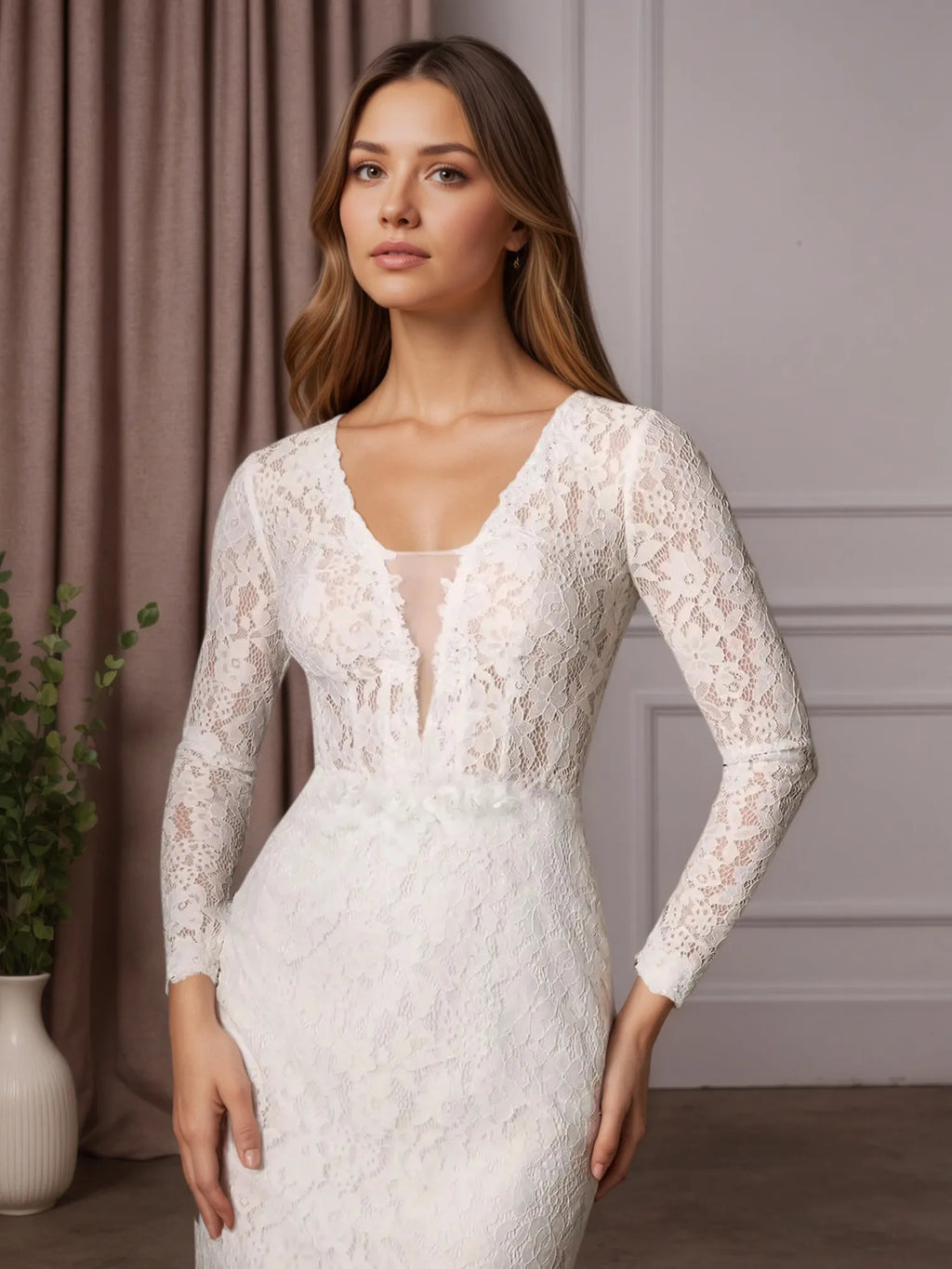 Vestido de novia blanco ajustado con escote en V y tul