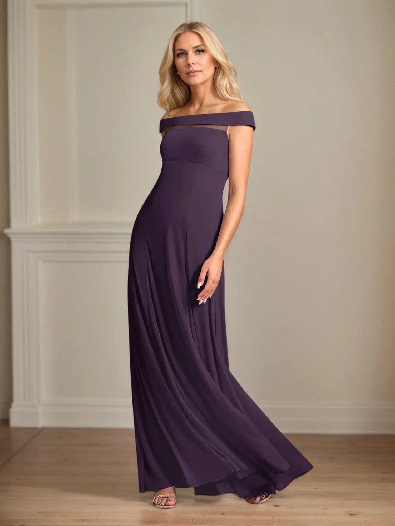 A Line Off the Shoulder Sleeveless Chiffon Mother of the Bride Dress With Pleated