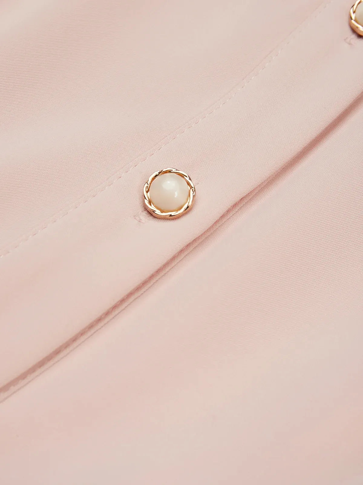 Robe midi plissée rose classique à col chemise et manches courtes ligne A