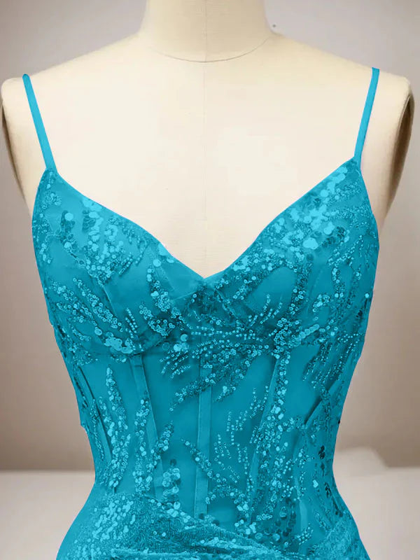 Robe de bal longue sirène verte à bretelles spaghetti scintillantes avec fente
