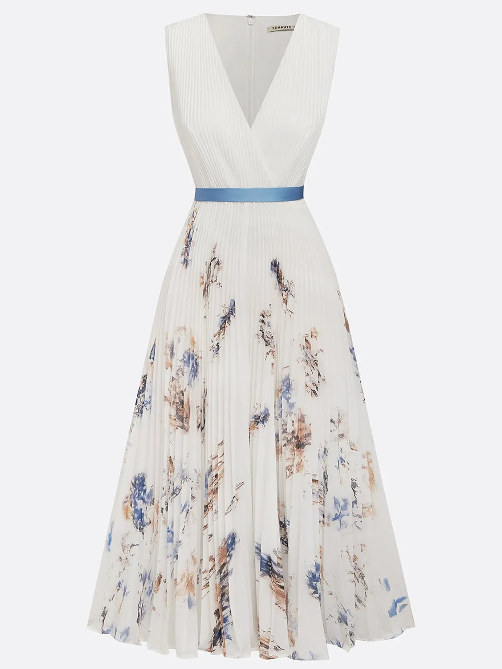 Abito midi bianco in chiffon plissettato con motivi floreali, scollo a V e senza maniche, linea a trapezio