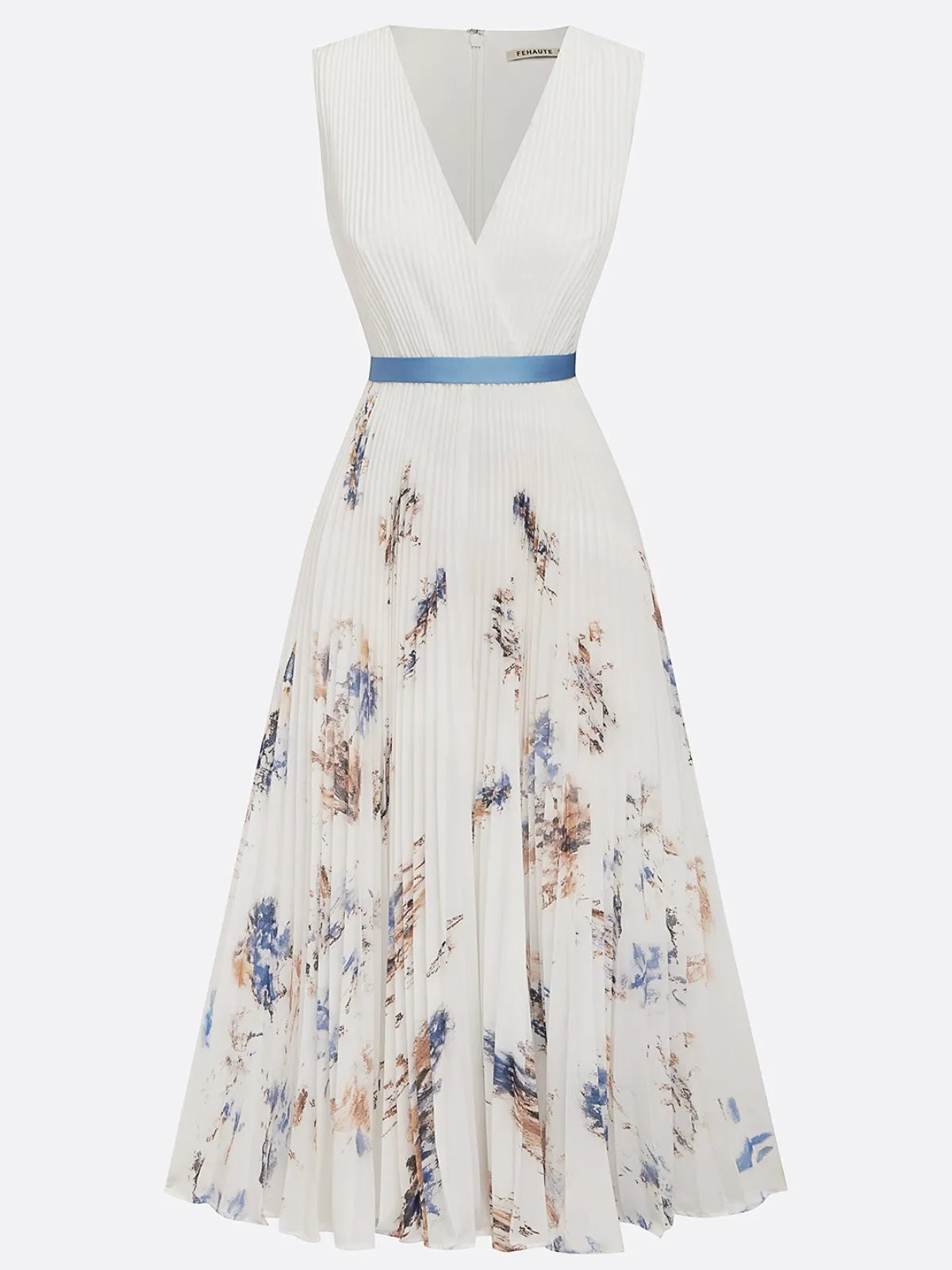 Abito midi bianco in chiffon plissettato con motivi floreali, scollo a V e senza maniche, linea a trapezio