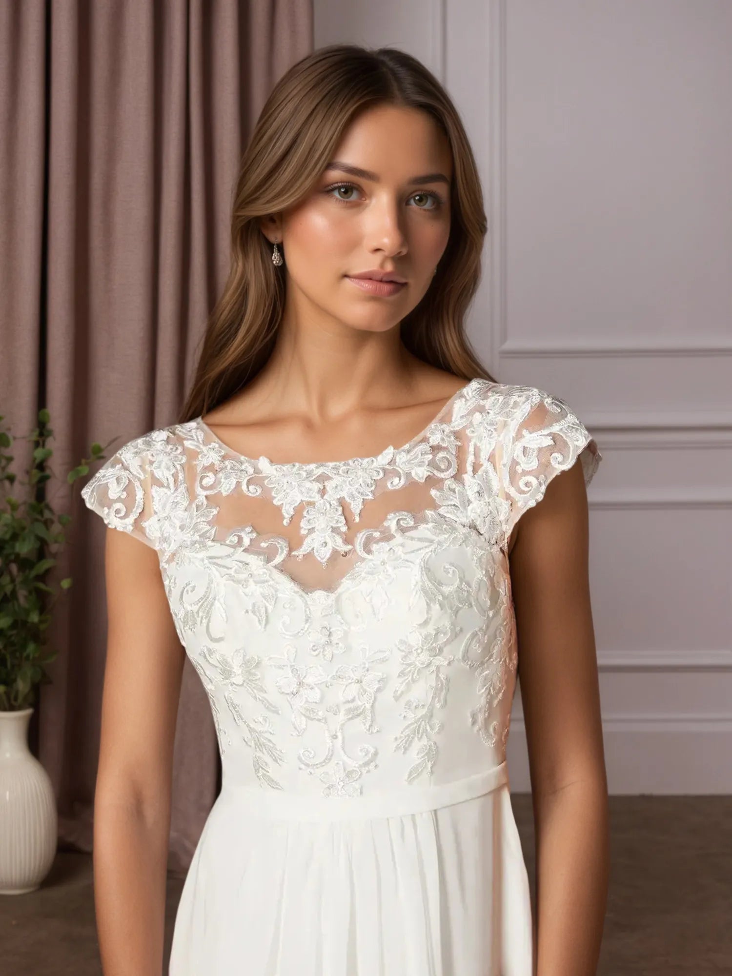 Vestido de novia línea A blanco con escote redondo y lentejuelas de gasa
