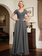 Vestido de madre de la novia línea A con escote corazón, largo hasta el suelo, de gasa y encaje con abalorios y volantes en cascada
