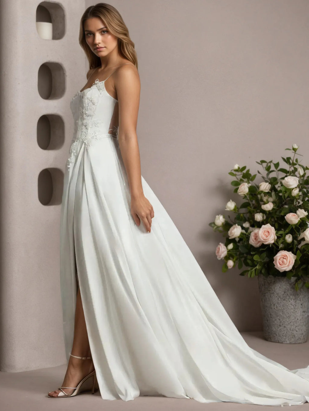 Vestido de noiva branco em cetim stretch com renda, corte A