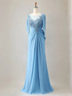 Vestido para madre de la novia trompeta/sirena de gasa con escote redondo, mangas 1/2 y cuentas