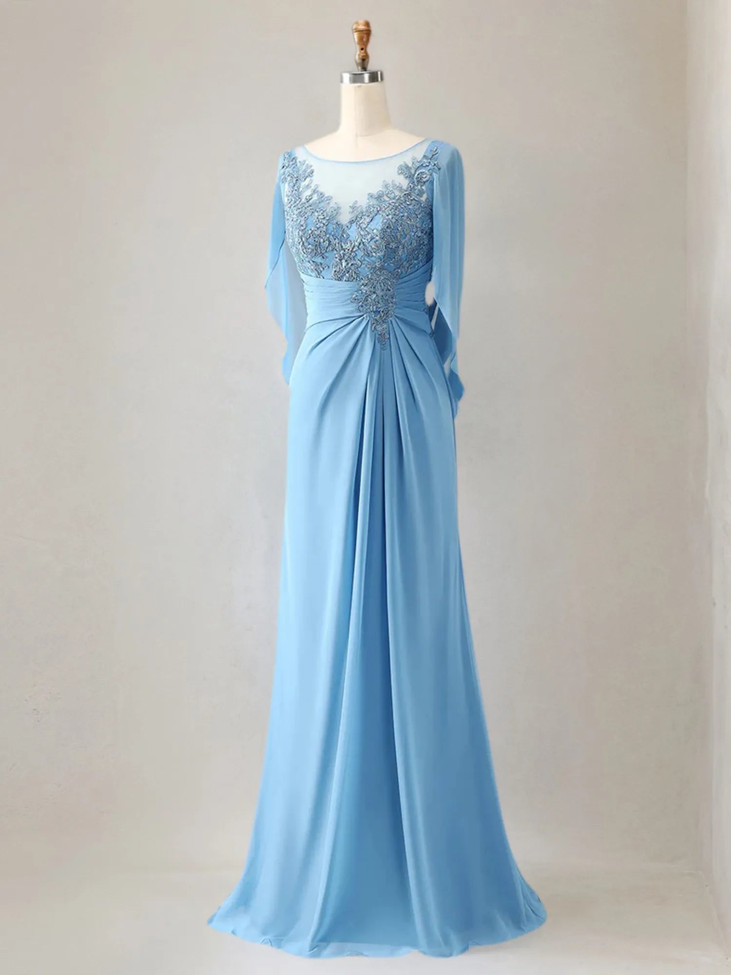 Vestido para madre de la novia trompeta/sirena de gasa con escote redondo, mangas 1/2 y cuentas