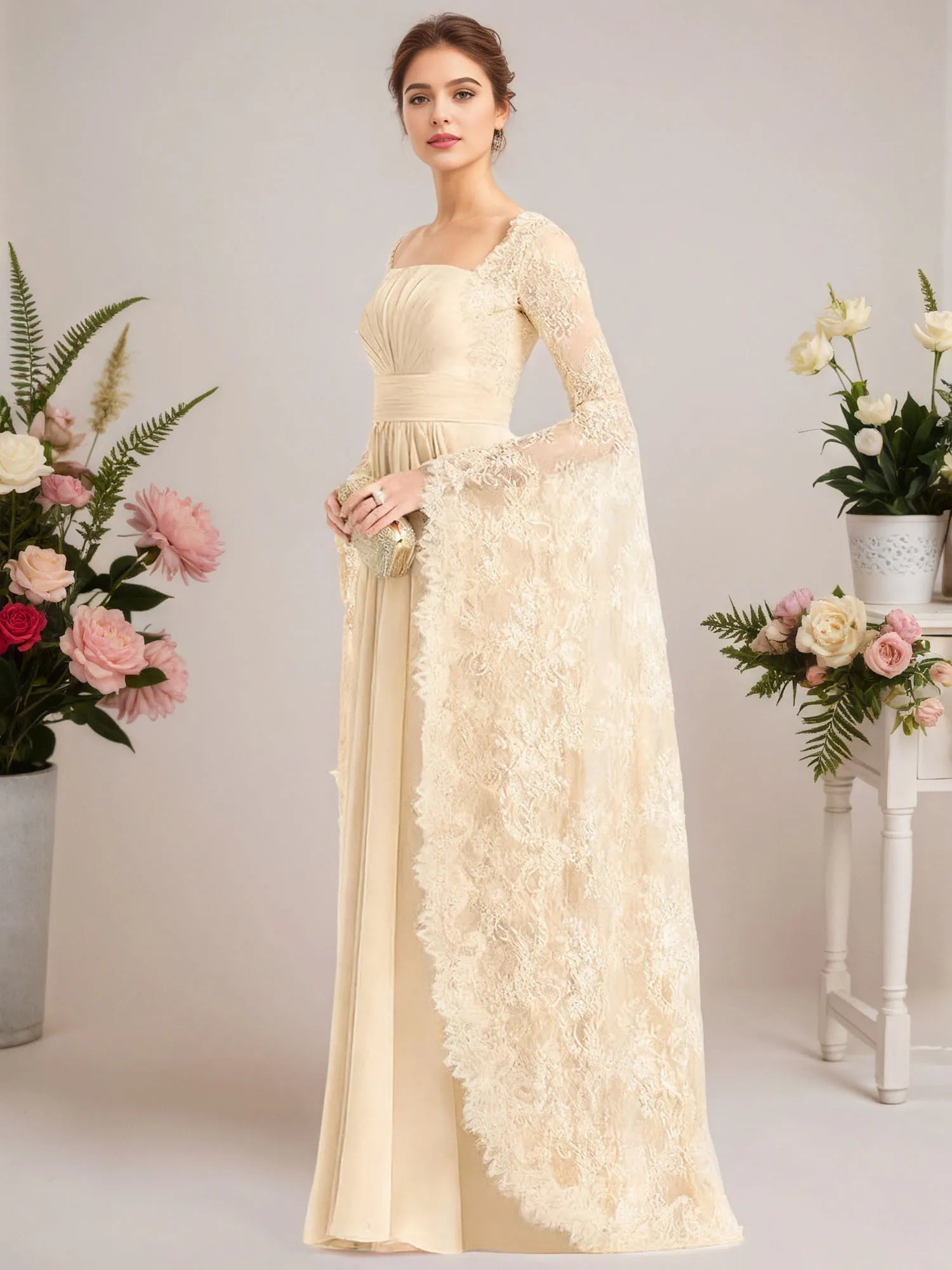 A-line Square Floor-Length Chiffon Lace Evening Dress With Beading Pleated