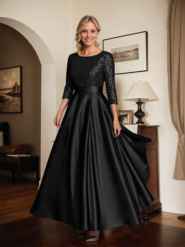 Glitzerndes marineblaues Satin Kleid mit Rundhalsausschnitt und Pailletten für die Mutter der Braut
