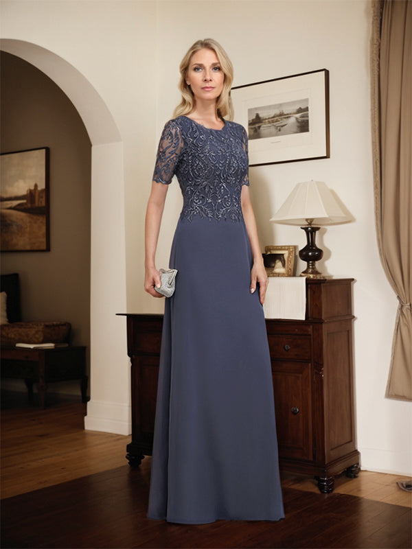 A-Linien Spitzen-Chiffon-Mutter-der-Braut-Kleid mit Rundhalsausschnitt, bodenlang und Pailletten