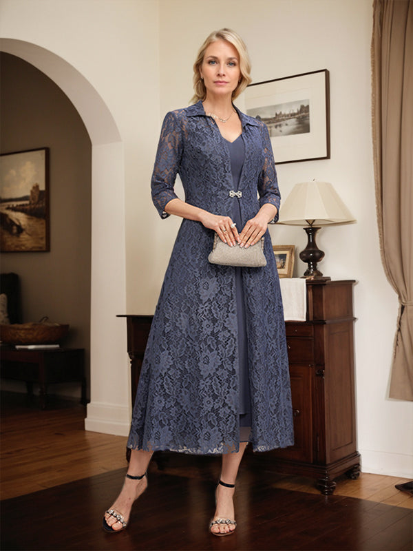 Robe mère de la mariée en mousseline longueur thé à encolure en V et coupe trapèze
