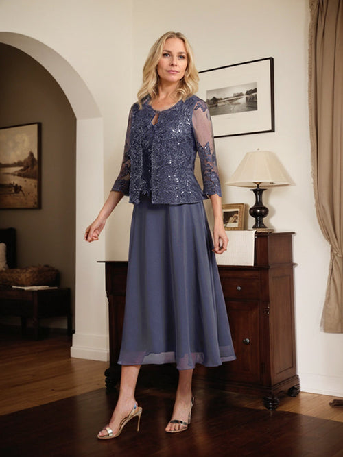 Robe mère de la mariée longueur thé ligne A col rond en dentelle et mousseline avec sequins