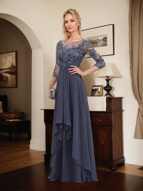 Vestido largo de madre de la novia línea A con escote ilusión redondo, encaje y gasa con volantes en cascada