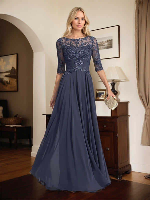 A-Linien Ausschnitt Illusions-Bodenlanges Chiffon-Spitzenkleid für die Mutter der Braut mit plissierten Pailletten